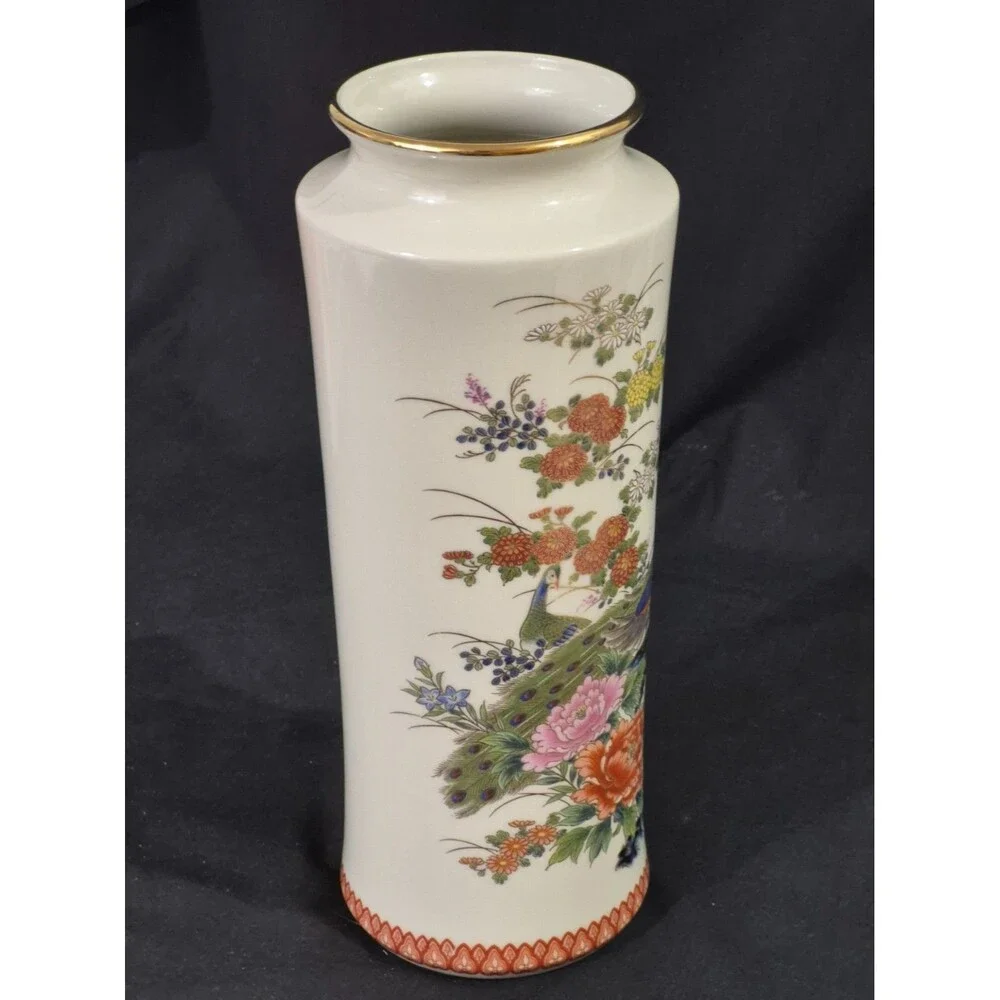 Vtg Shibata Japanese Porcelain Vase W/ Peacock and Gold Trim AKA Satsuma- Style